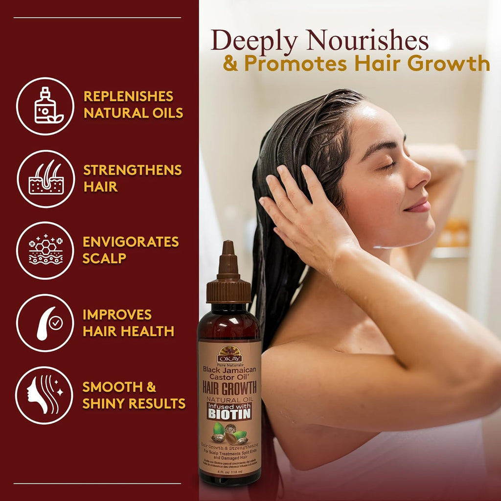 OKAY Pure Naturals Black Jamaican Castor Oil with Biotin - 4 oz / 118 ml